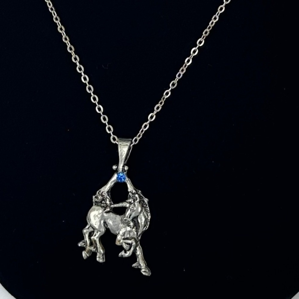 Vintage Silver Tone Unicorn Pendant Necklace Blue Rhinestone Mythical Fantasy